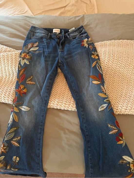 DRIFTWOOD Denim - DRIFTWOOD Blue Flare Jeans with Multicolor Floral Embroidery